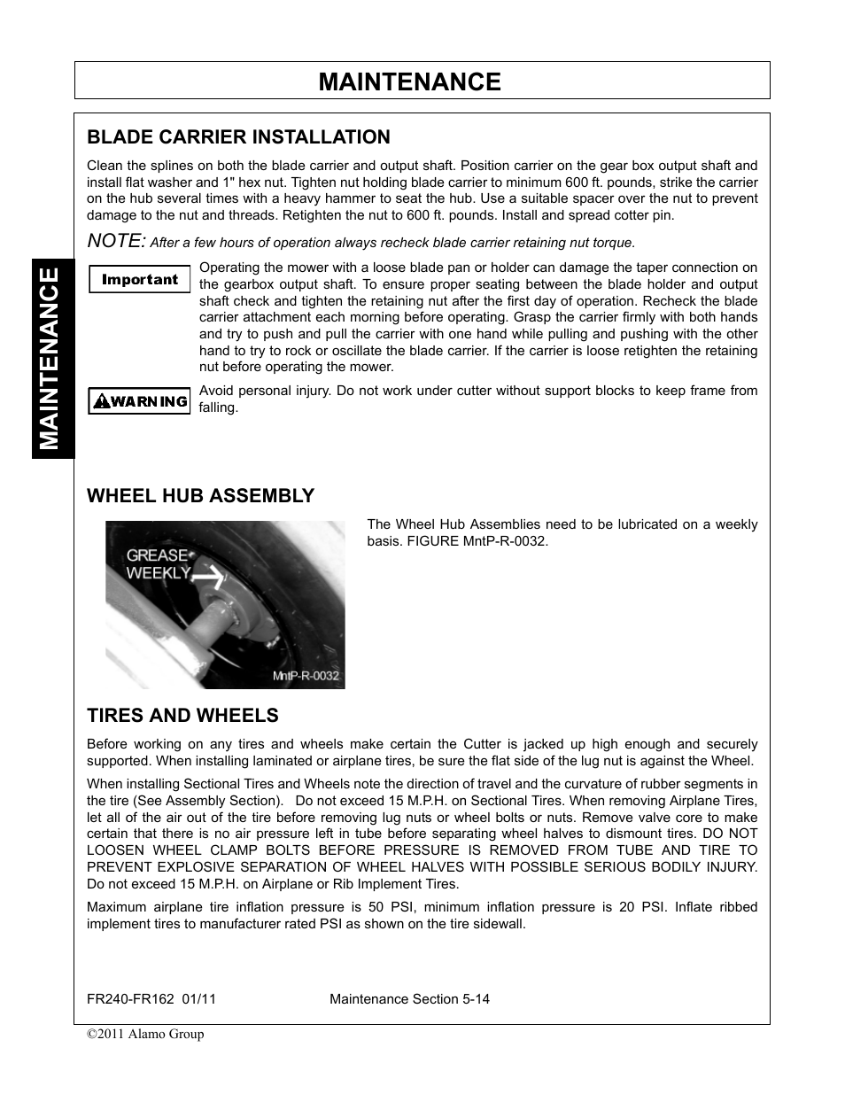 Blade carrier installation, Wheel hub assembly, Tires and wheels | Maintenance | Servis-Rhino FR162 User Manual | Page 170 / 196