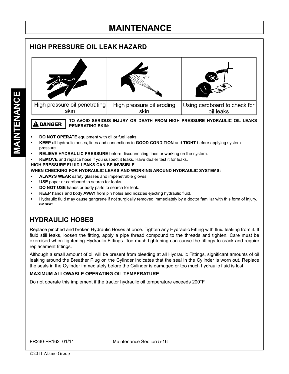 High pressure oil leak hazard, Hydraulic hoses, Maintenance | High pressure oil leak hazard hydraulic hoses | Servis-Rhino FR162 User Manual | Page 172 / 196