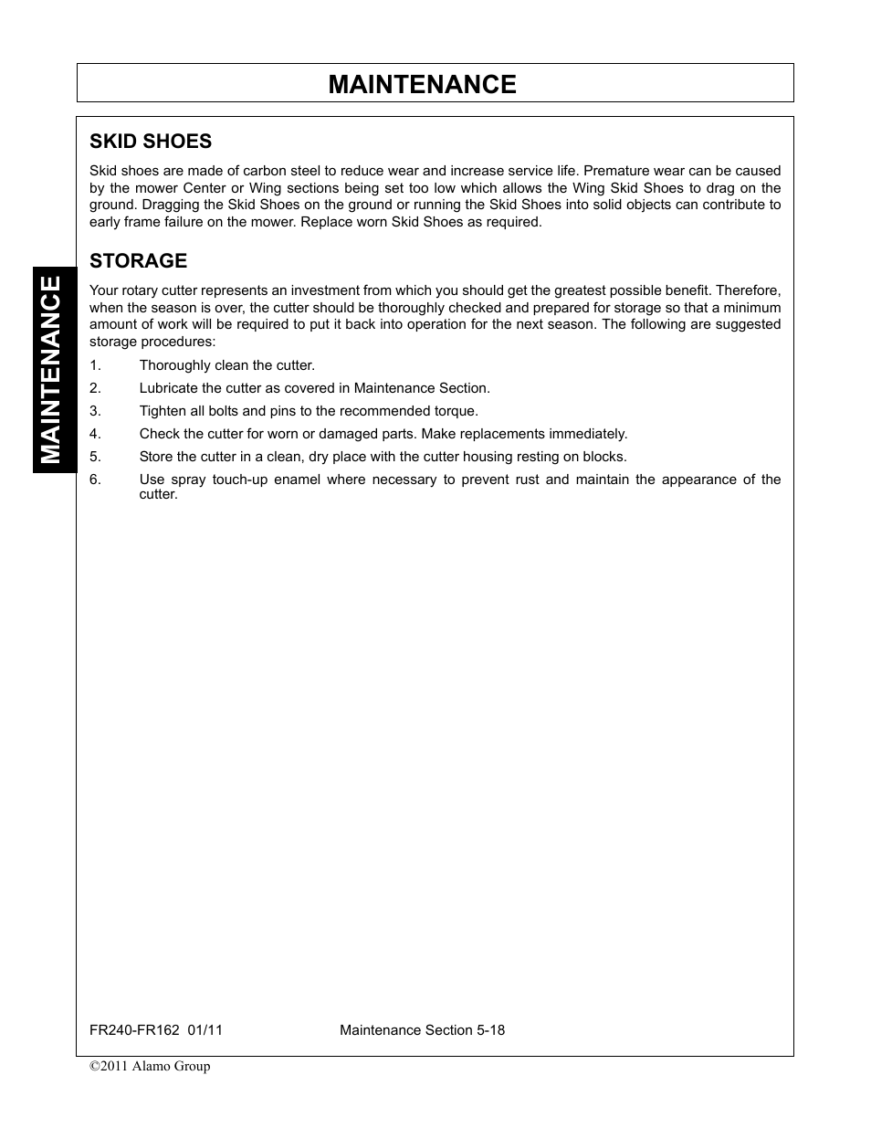 Skid shoes, Storage, Thoroughly clean the cutter | Skid shoes -18 storage -18, Maintenance | Servis-Rhino FR162 User Manual | Page 174 / 196