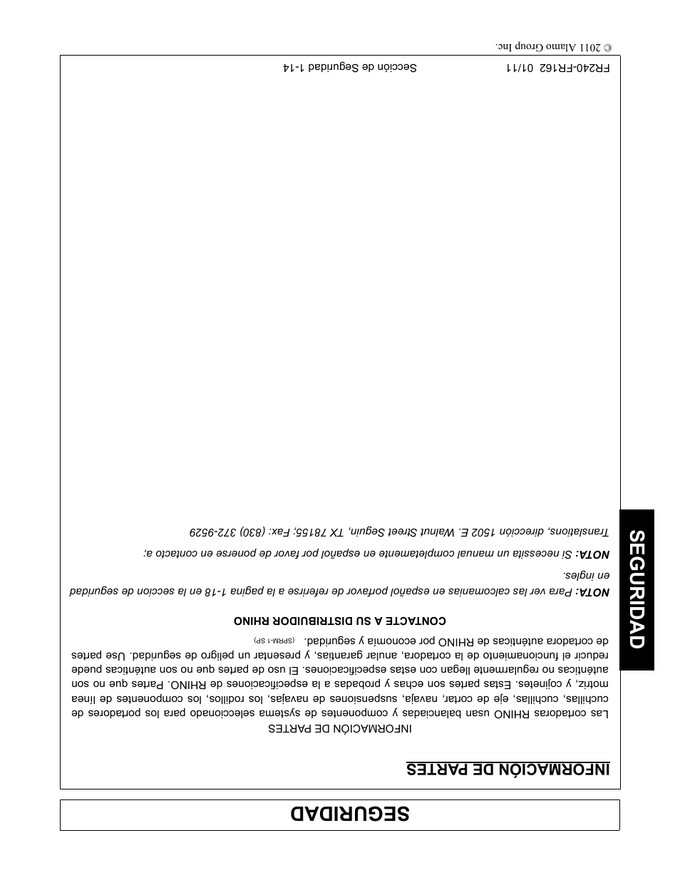 Información de partes, Seguridad, Información de pa rtes | Servis-Rhino FR162 User Manual | Page 177 / 196