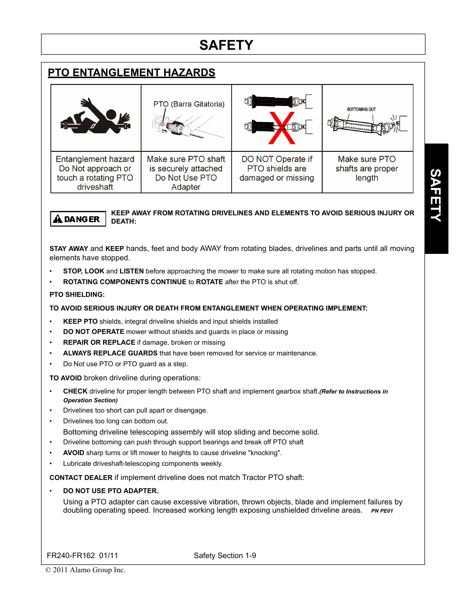 Pto entanglement hazards, Safety | Servis-Rhino FR162 User Manual | Page 19 / 196