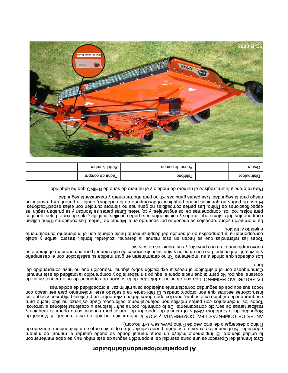 Al propietario/operador/distribuidor | Servis-Rhino FR162 User Manual | Page 195 / 196