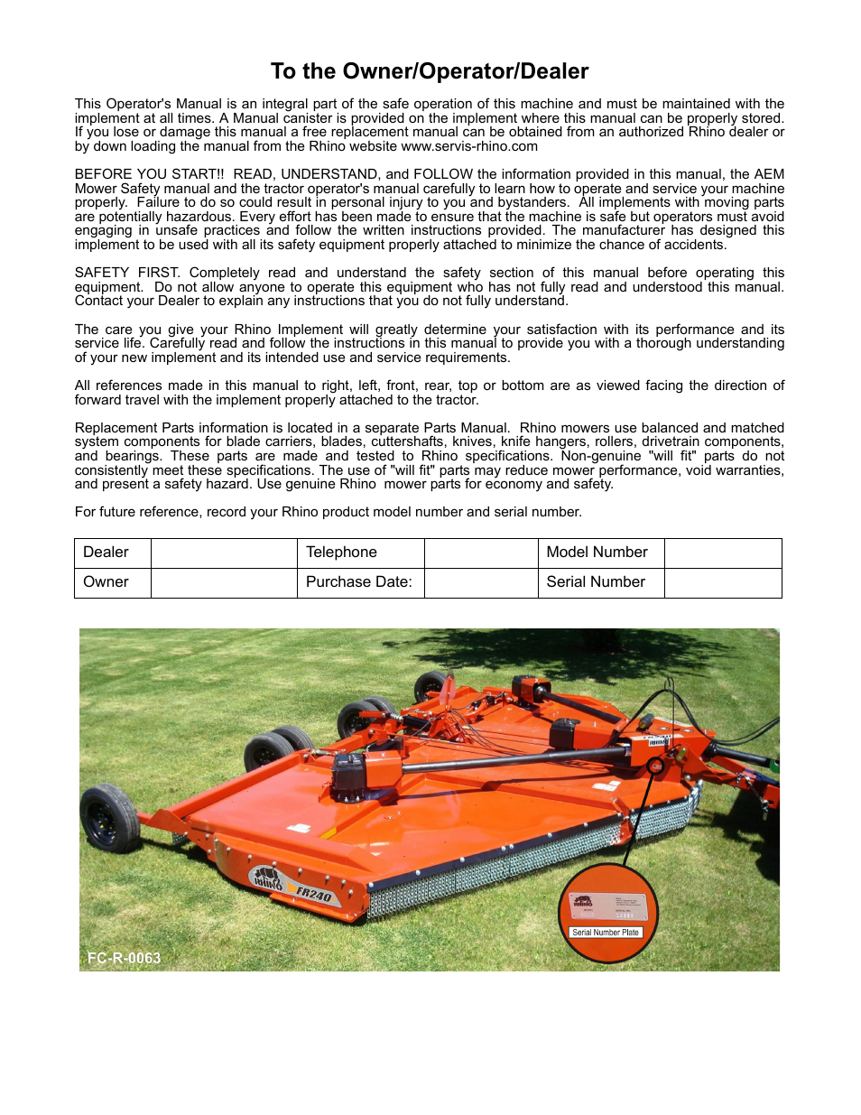 To the owner/operator/dealer | Servis-Rhino FR162 User Manual | Page 2 / 196