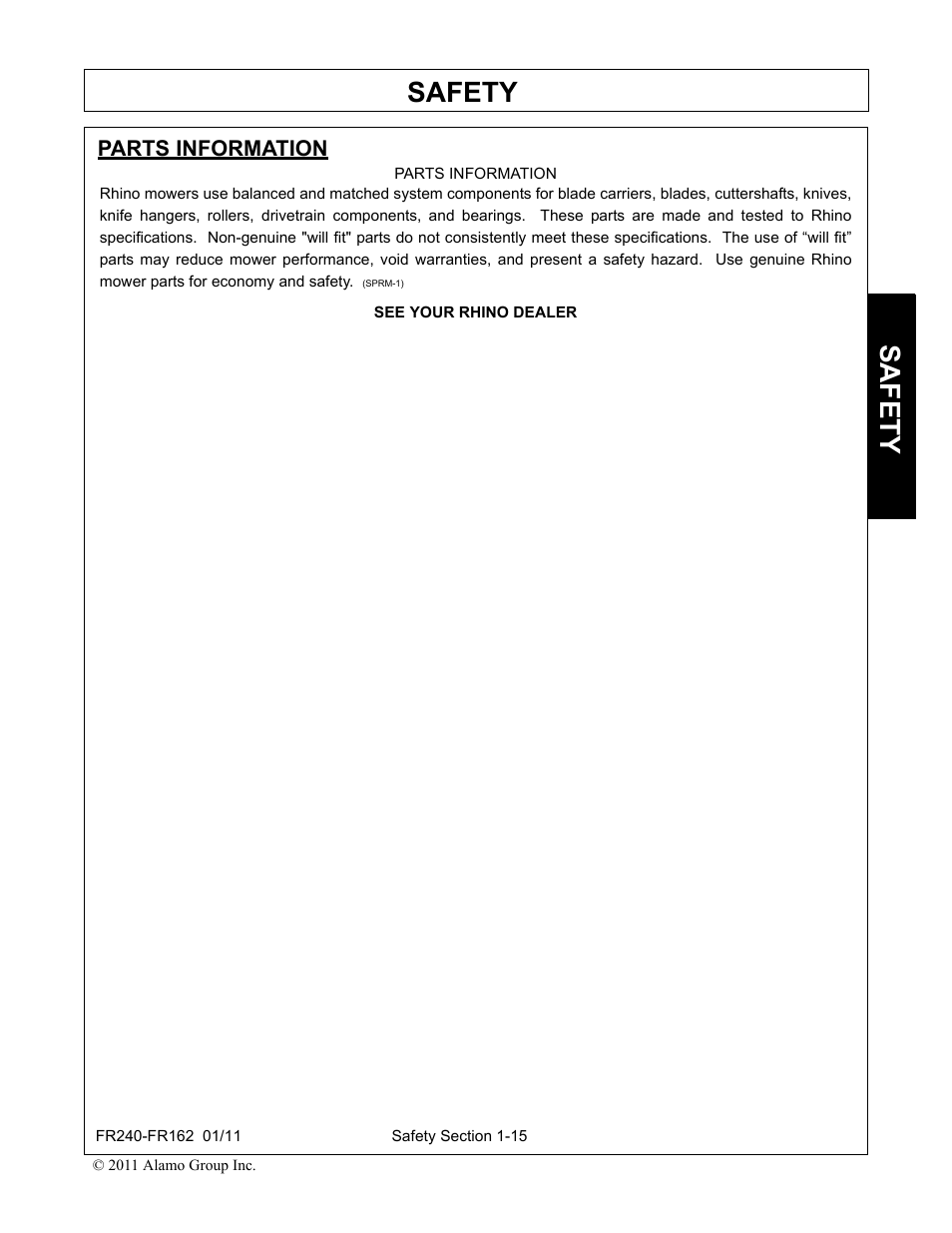 Parts information, Safety | Servis-Rhino FR162 User Manual | Page 25 / 196