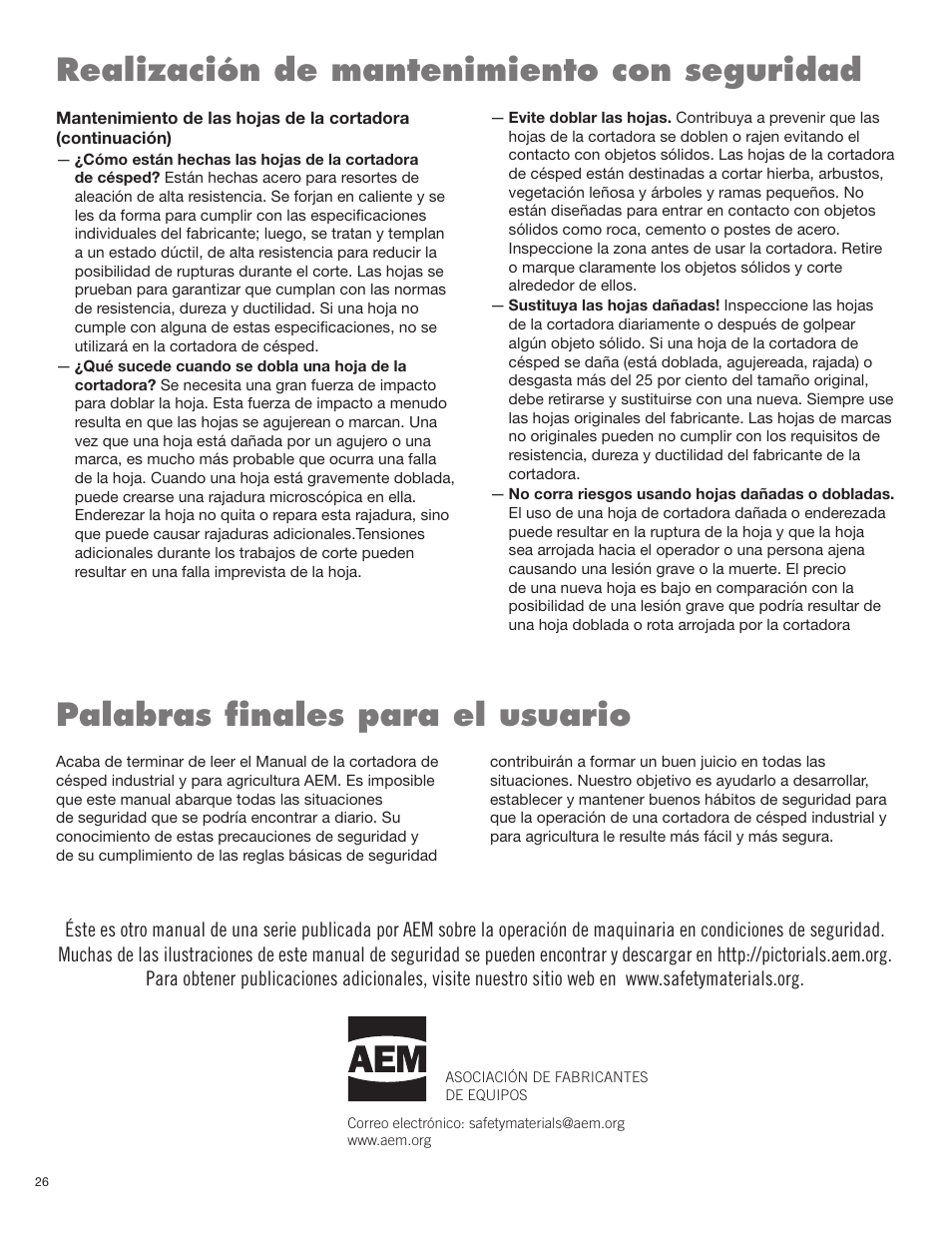 Realización de mantenimiento con seguridad, Palabras ﬁ nales para el usuario | Servis-Rhino FR162 User Manual | Page 90 / 196