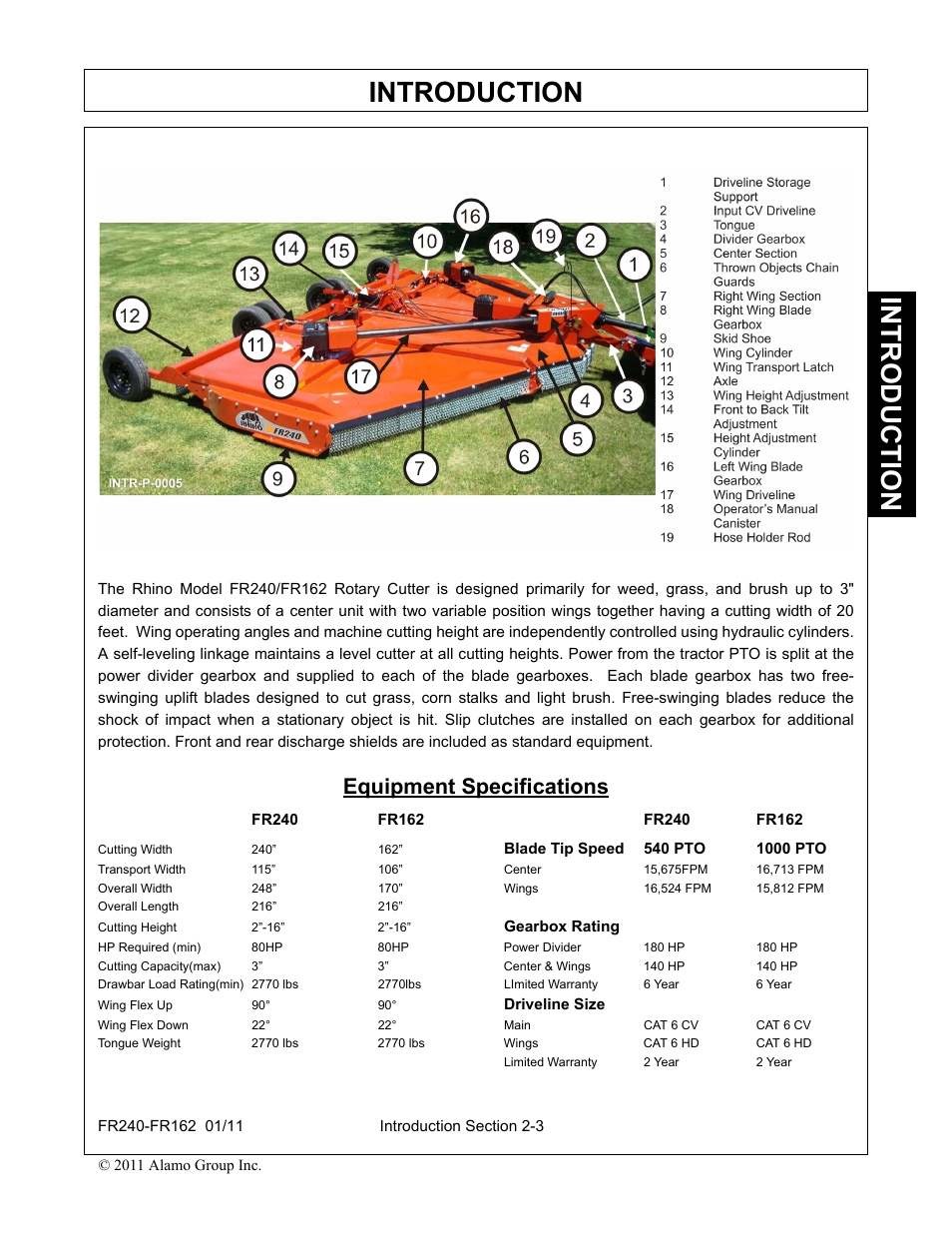 Equipment specifications, Equipment specifications -3, Introduction | Servis-Rhino FR162 User Manual | Page 93 / 196