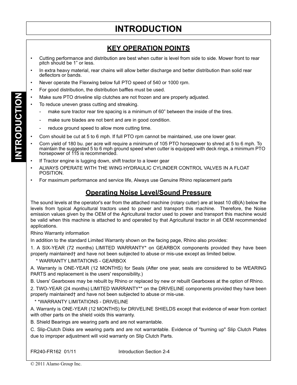 Key operation points, Operating noise level/sound pressure, Introduction | Servis-Rhino FR162 User Manual | Page 94 / 196