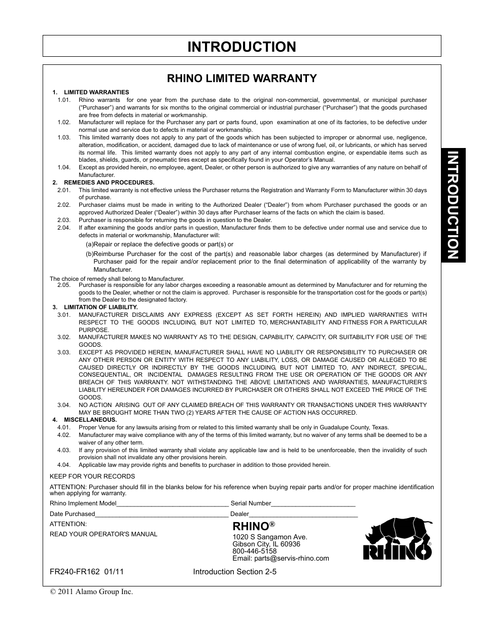 Rhino limited warranty, Limited warranties, Remedies and procedures | Limitation of liability, Miscellaneous, Rhino limited warranty -5, Introduction, Rhino | Servis-Rhino FR162 User Manual | Page 95 / 196