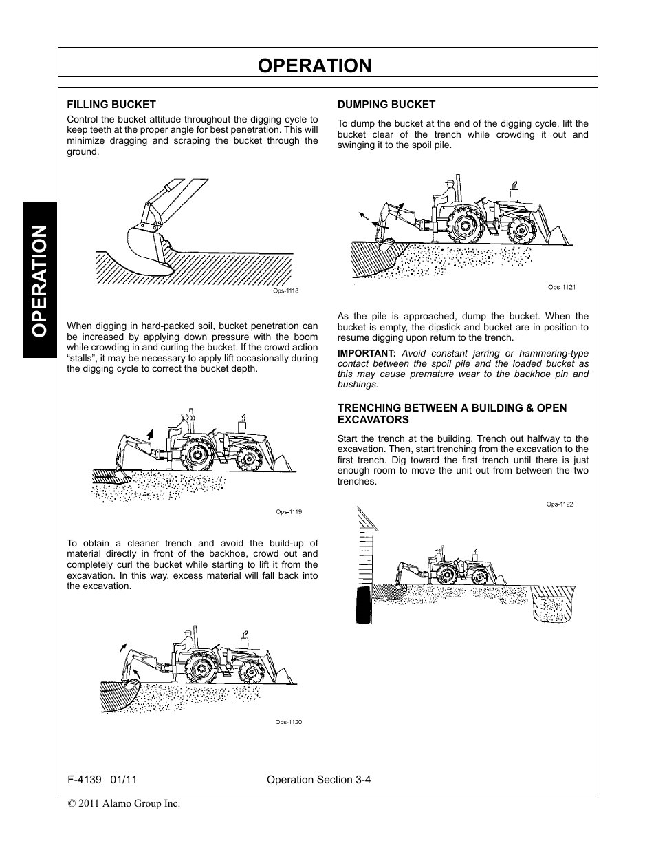 Filling bucket, Dumping bucket, Trenching between a building & open excavators | Operation, Opera t ion | Servis-Rhino 60C User Manual | Page 32 / 50