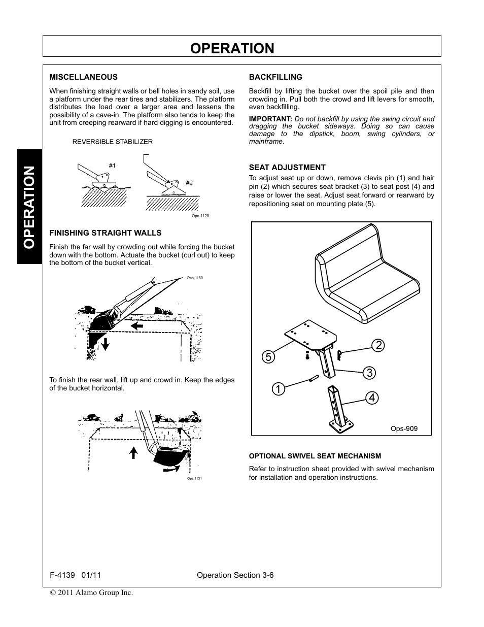 Miscellaneous, Finishing straight walls, Backfilling | Seat adjustment, Operation, Opera t ion | Servis-Rhino 60C User Manual | Page 34 / 50