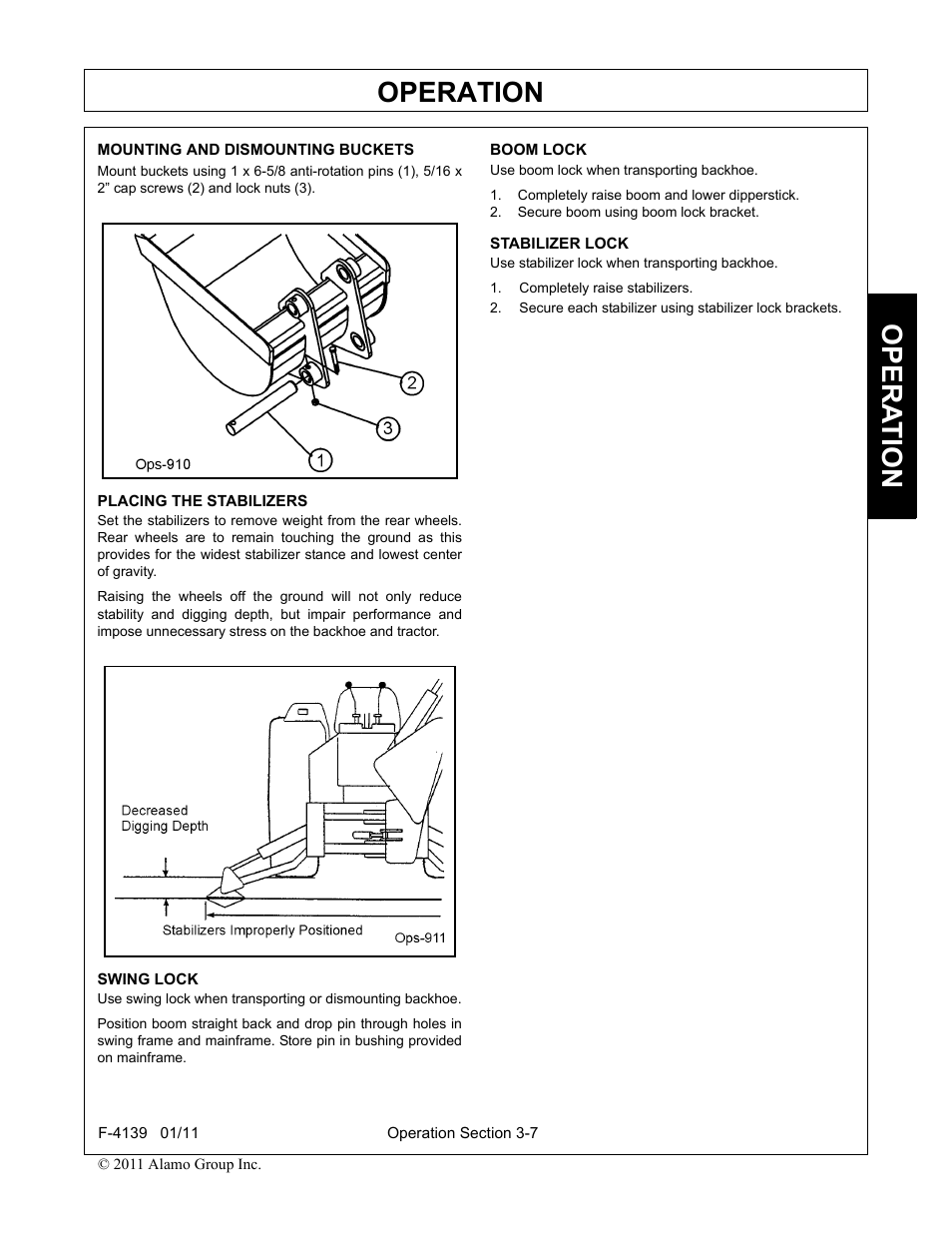 Mounting and dismounting buckets, Placing the stabilizers, Swing lock | Boom lock, Completely raise boom and lower dipperstick, Secure boom using boom lock bracket, Stabilizer lock, Completely raise stabilizers, Operation, Opera t ion | Servis-Rhino 60C User Manual | Page 35 / 50