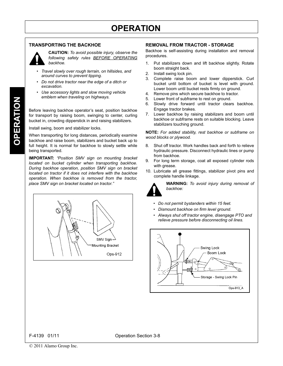 Transporting the backhoe, Removal from tractor - storage, Install swing lock pin | Remove pins which secure backhoe to tractor, Lower front of subframe to rest on ground, Operation, Opera t ion | Servis-Rhino 60C User Manual | Page 36 / 50