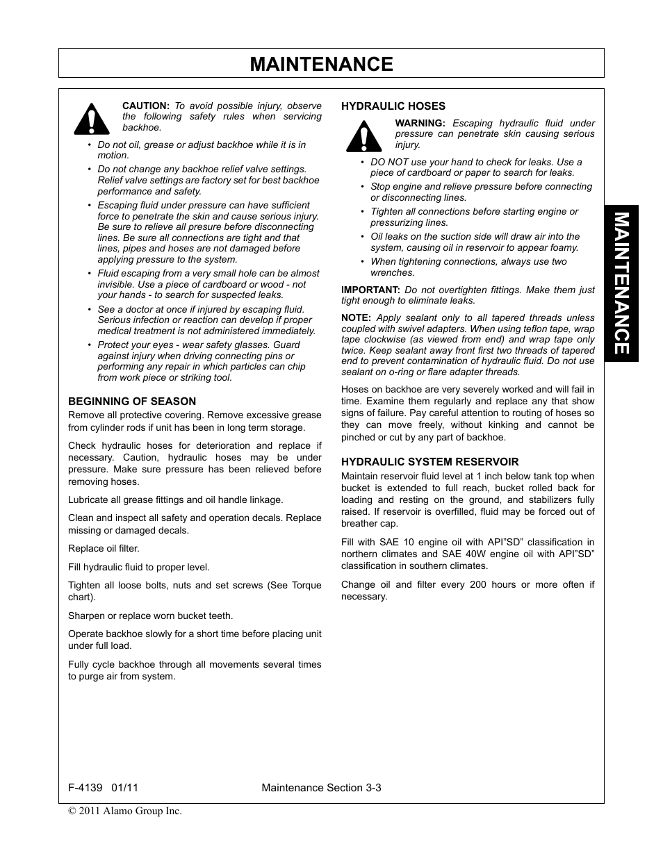 Beginning of season, Hydraulic hoses, Hydraulic system reservoir | Maintenance | Servis-Rhino 60C User Manual | Page 39 / 50