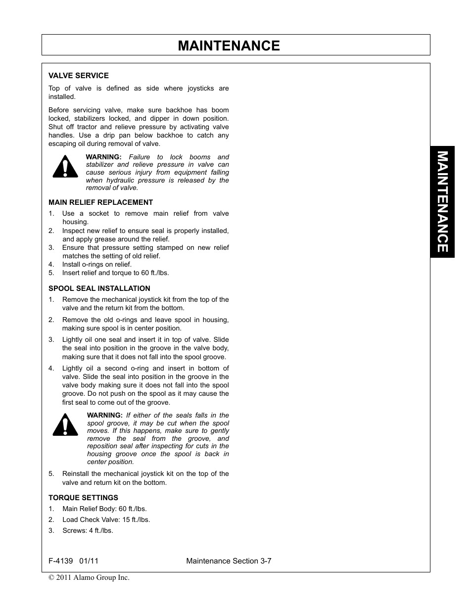 Valve service, Main relief replacement, Install o-rings on relief | Insert relief and torque to 60 ft./lbs, Spool seal installation, Torque settings, Main relief body: 60 ft./lbs, Load check valve: 15 ft./lbs, Screws: 4 ft./lbs, Maintenance | Servis-Rhino 60C User Manual | Page 43 / 50