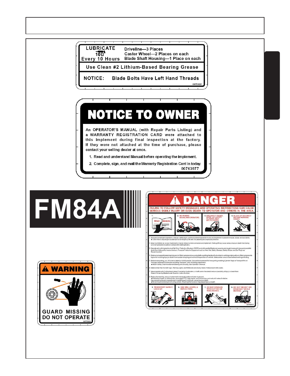 Safety, Safety decals | Servis-Rhino FM84A User Manual | Page 19 / 128