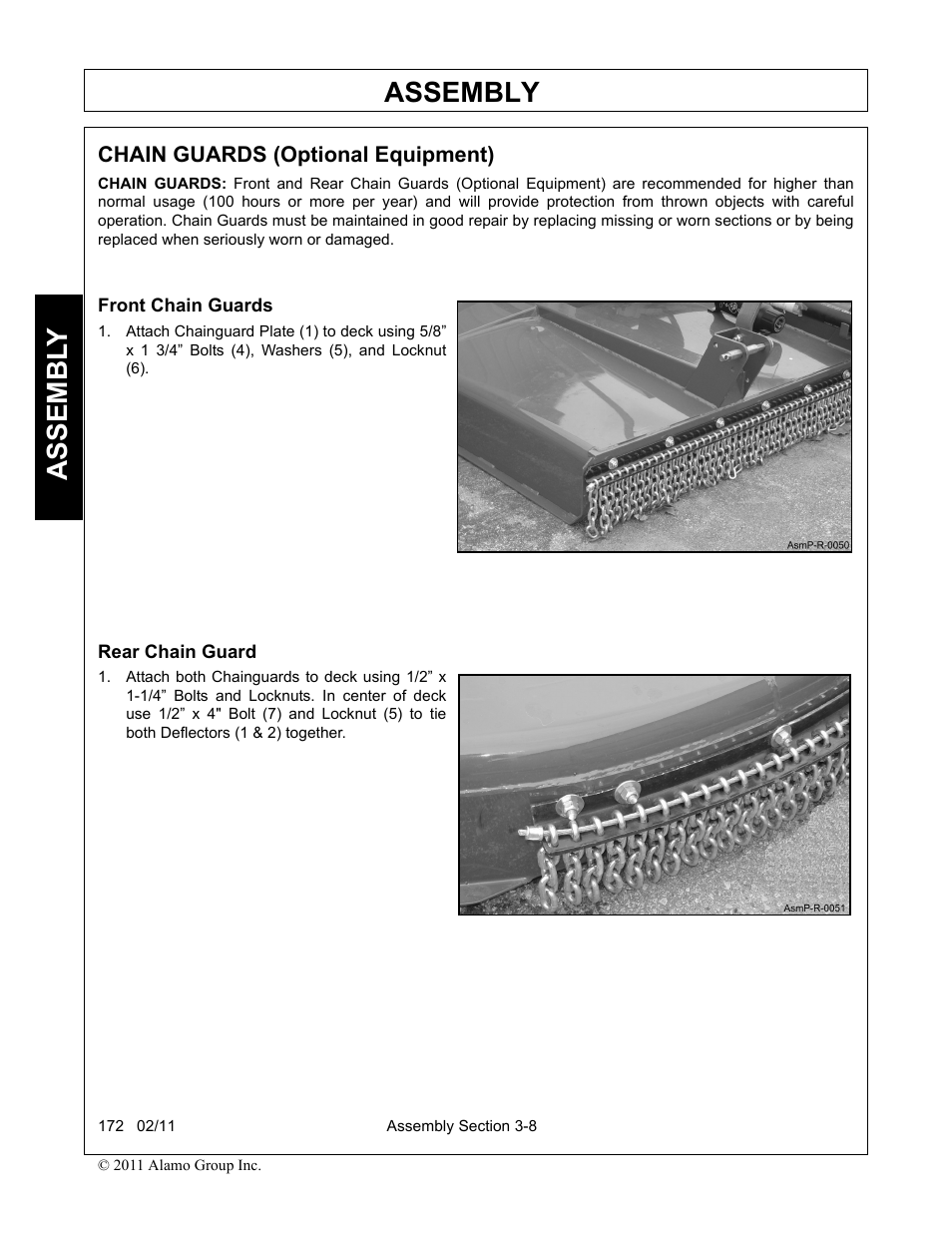 Chain guards (optional equipment), Front chain guards, Rear chain guard | Assembly, Assembl y | Servis-Rhino 00781400C User Manual | Page 100 / 180