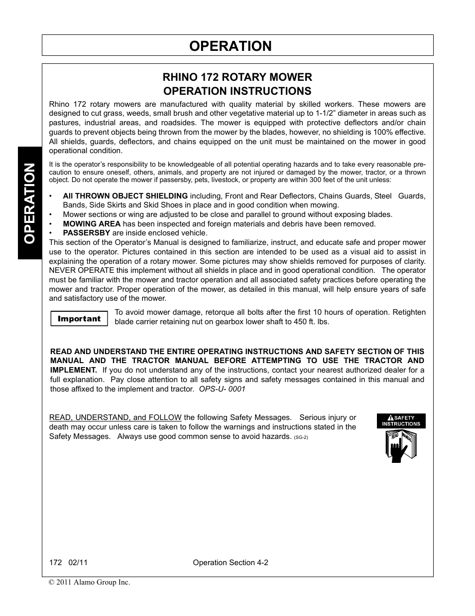 Rhino 172 rotary mower, Operation instructions, Operation | Opera t ion, Rhino 172 rotary mower operation instructions | Servis-Rhino 00781400C User Manual | Page 104 / 180