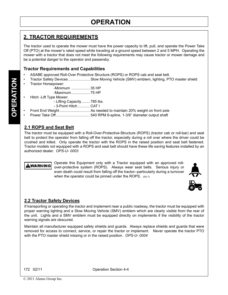 Tractor requirements, Tractor requirements and capabilities, 1 rops and seat belt | 2 tractor safety devices, Operation, Opera t ion | Servis-Rhino 00781400C User Manual | Page 106 / 180