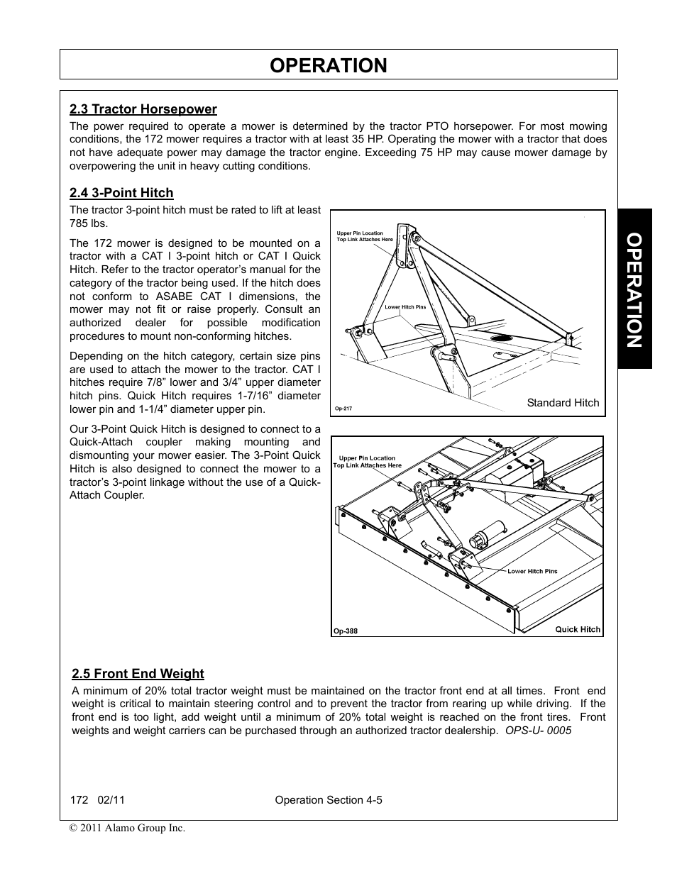 3 tractor horsepower, 4 3-point hitch, 5 front end weight | Tractor horsepower -5 3-point hitch -5, Front end weight -5, Operation, Opera t ion | Servis-Rhino 00781400C User Manual | Page 107 / 180