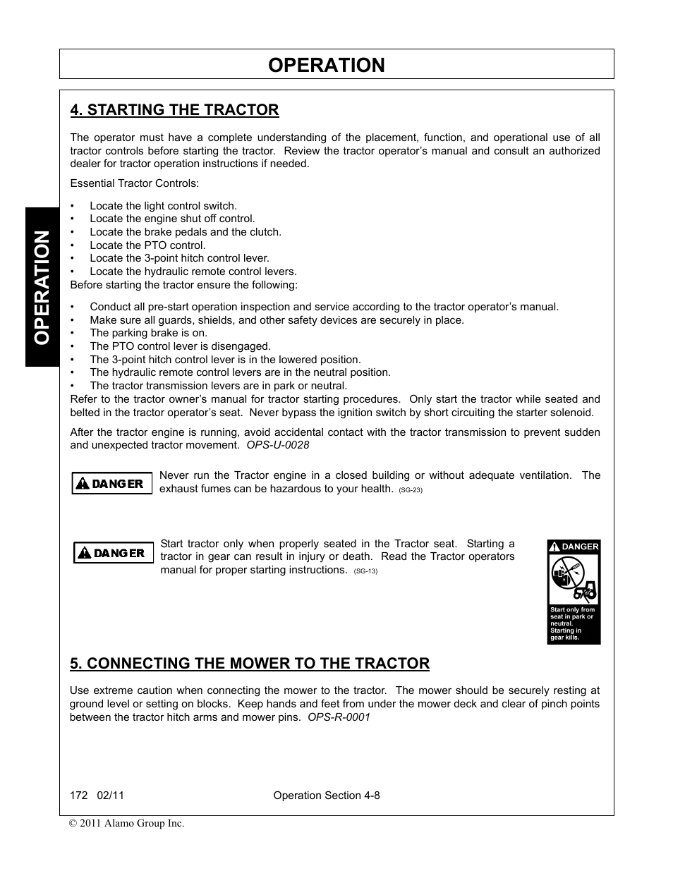 Starting the tractor, Connecting the mower to the tractor, Operation | Opera t ion | Servis-Rhino 00781400C User Manual | Page 110 / 180