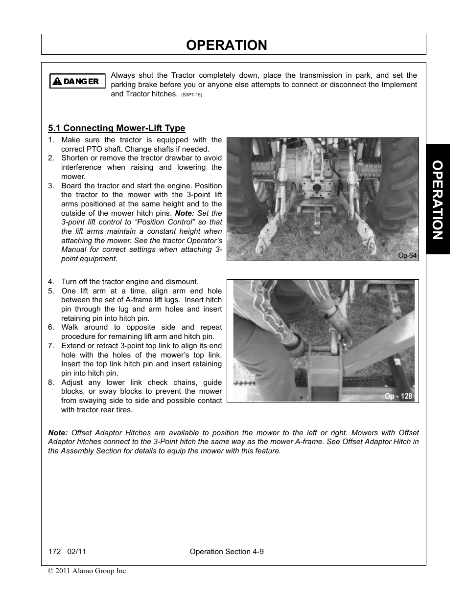 1 connecting mower-lift type, Turn off the tractor engine and dismount, Connecting mower-lift type -9 | Operation, Opera t ion | Servis-Rhino 00781400C User Manual | Page 111 / 180