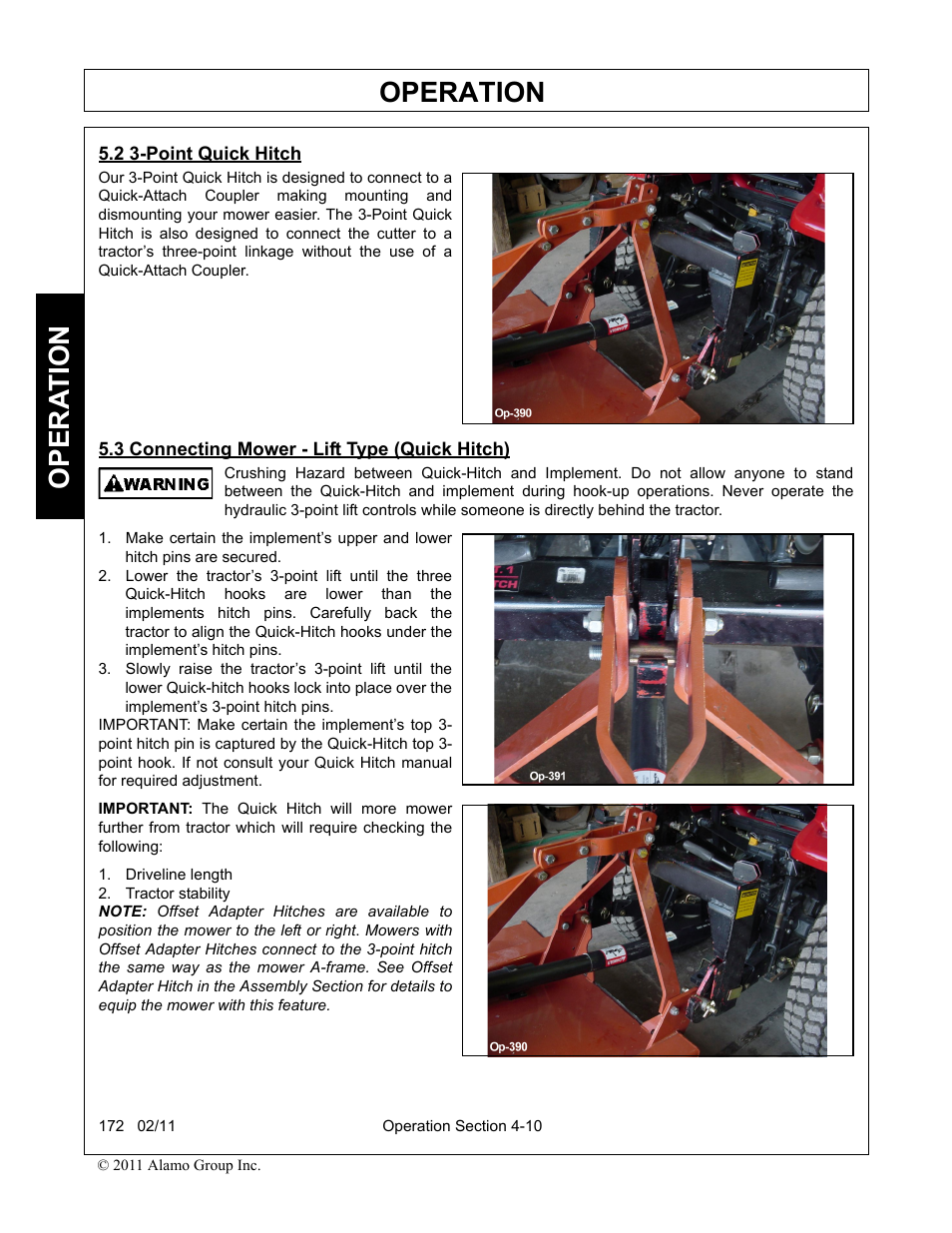 2 3-point quick hitch, 3 connecting mower - lift type (quick hitch), Driveline length | Tractor stability, Operation, Opera t ion | Servis-Rhino 00781400C User Manual | Page 112 / 180