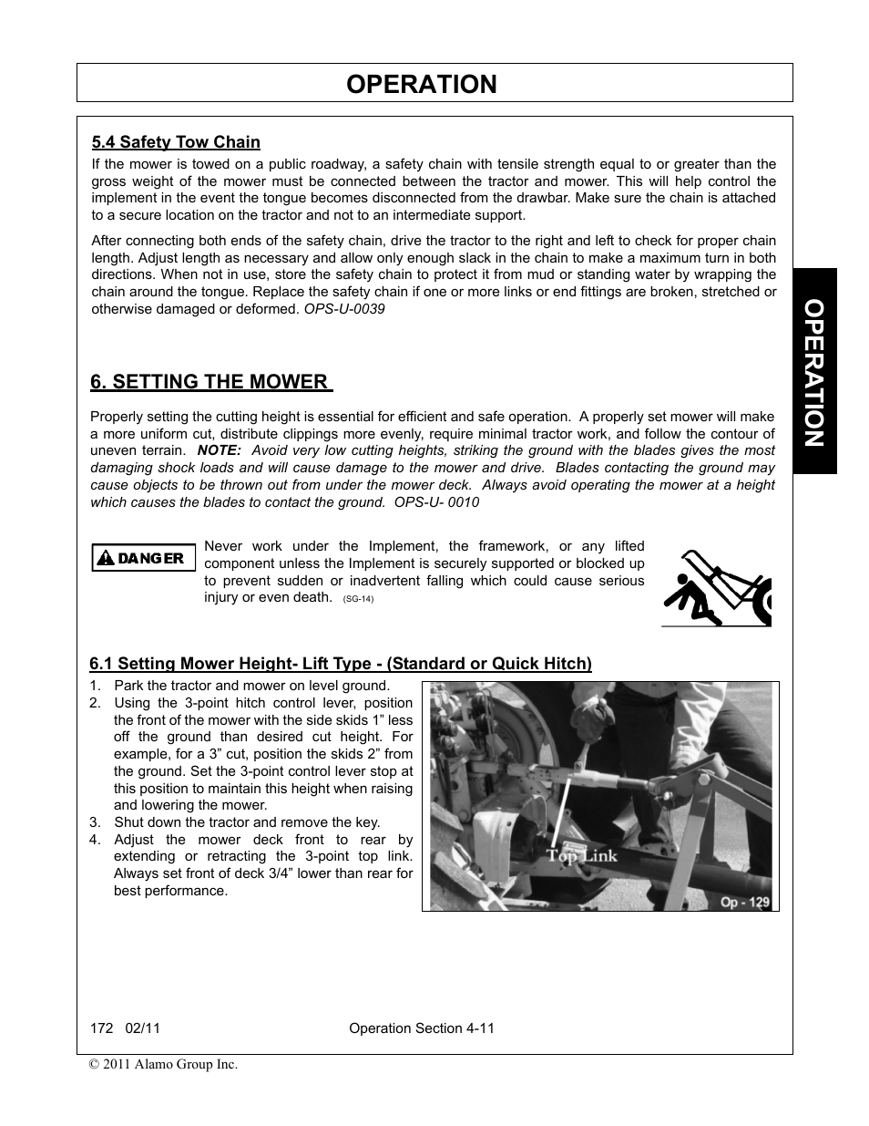 4 safety tow chain, Setting the mower, Park the tractor and mower on level ground | Shut down the tractor and remove the key, Operation, Opera t ion | Servis-Rhino 00781400C User Manual | Page 113 / 180