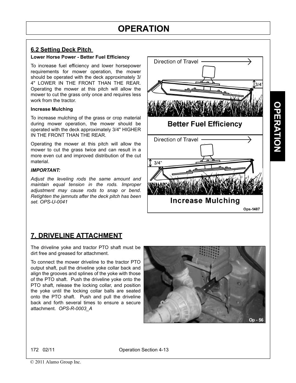 2 setting deck pitch, Driveline attachment, Setting deck pitch -13 driveline attachment -13 | Operation, Opera t ion | Servis-Rhino 00781400C User Manual | Page 115 / 180