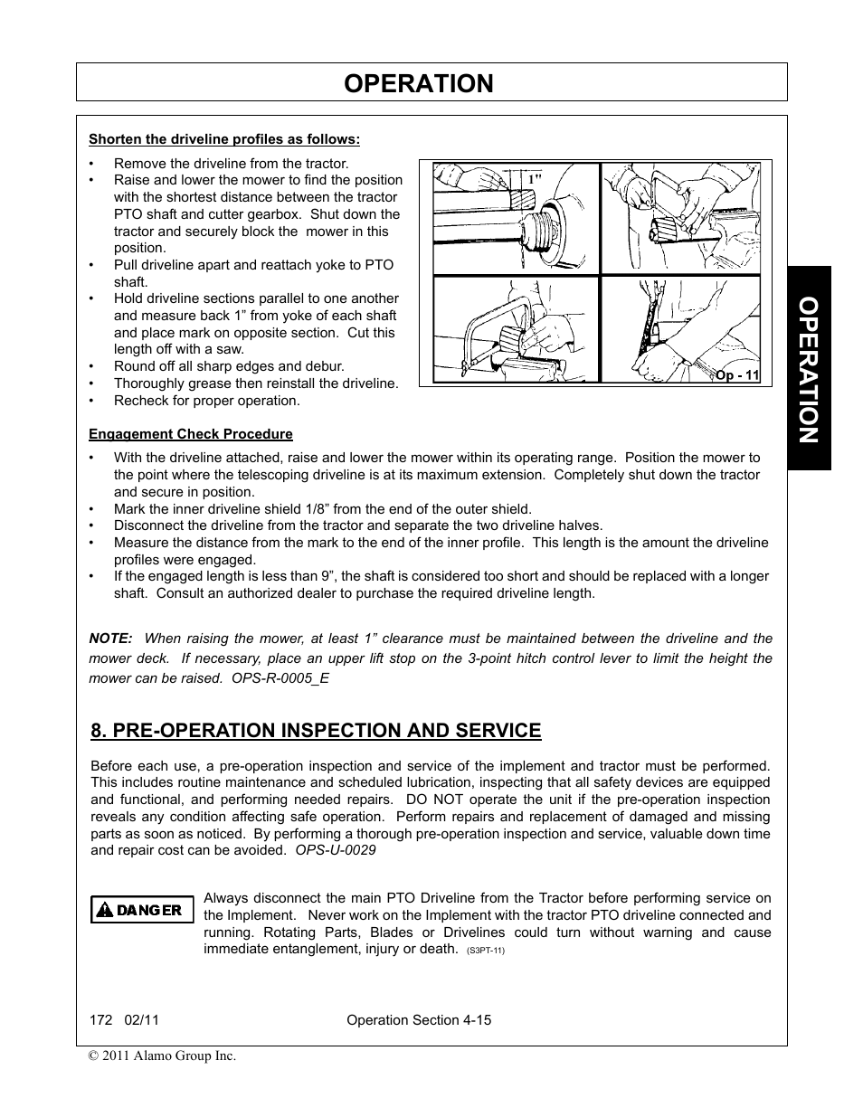 Pre-operation inspection and service, Pre-operation inspection and service -15, Operation | Opera t ion | Servis-Rhino 00781400C User Manual | Page 117 / 180