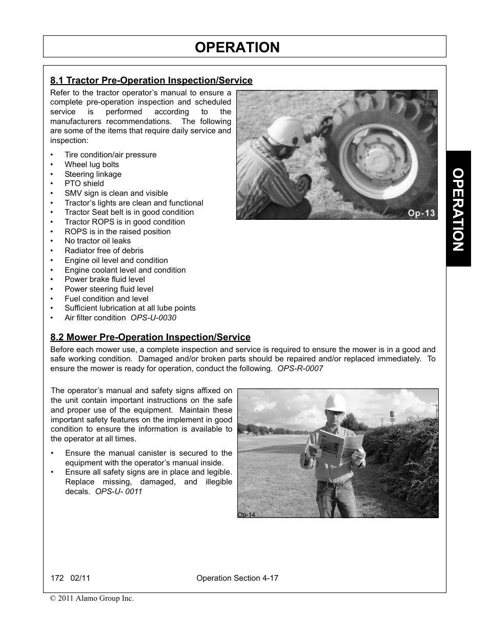 1 tractor pre-operation inspection/service, 2 mower pre-operation inspection/service, Operation | Opera t ion | Servis-Rhino 00781400C User Manual | Page 119 / 180