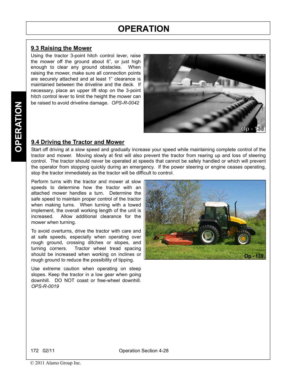 3 raising the mower, 4 driving the tractor and mower, Operation | Opera t ion | Servis-Rhino 00781400C User Manual | Page 130 / 180