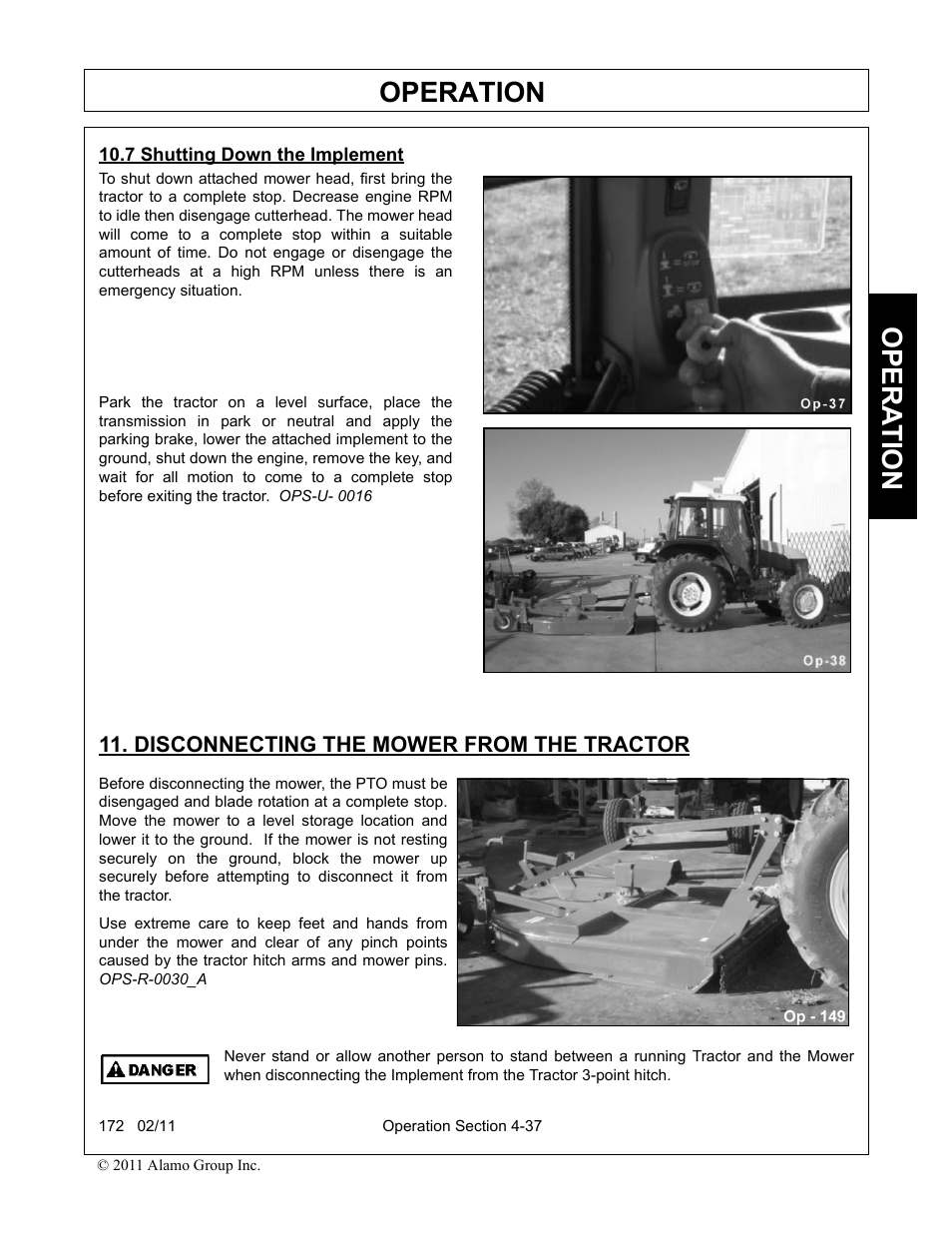 7 shutting down the implement, Disconnecting the mower from the tractor, Operation | Opera t ion | Servis-Rhino 00781400C User Manual | Page 139 / 180