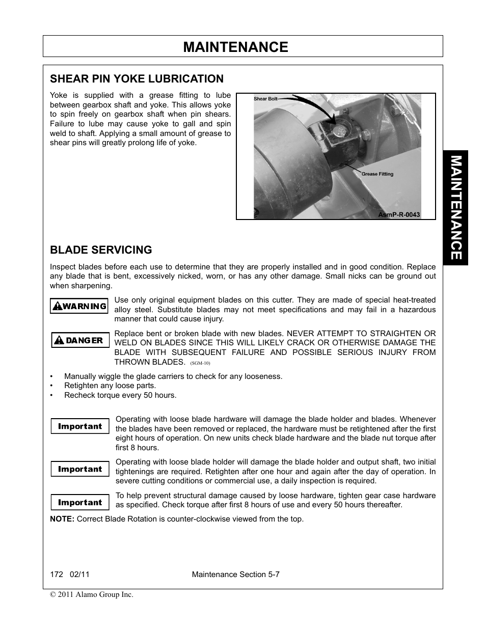 Shear pin yoke lubrication, Blade servicing, Shear pin yoke lubrication -7 blade servicing -7 | Maintenance | Servis-Rhino 00781400C User Manual | Page 153 / 180