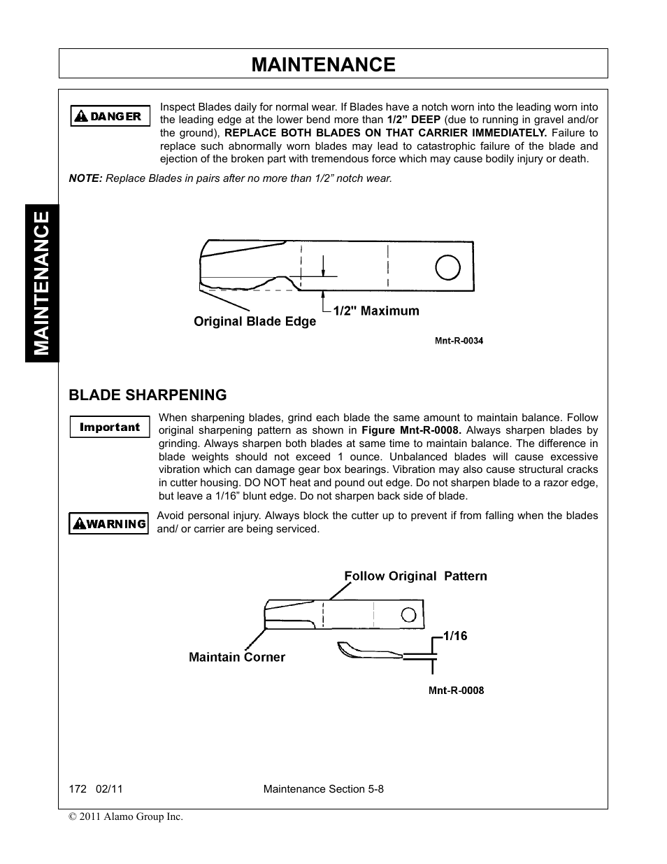 Blade sharpening, Blade sharpening -8, Maintenance | Servis-Rhino 00781400C User Manual | Page 154 / 180