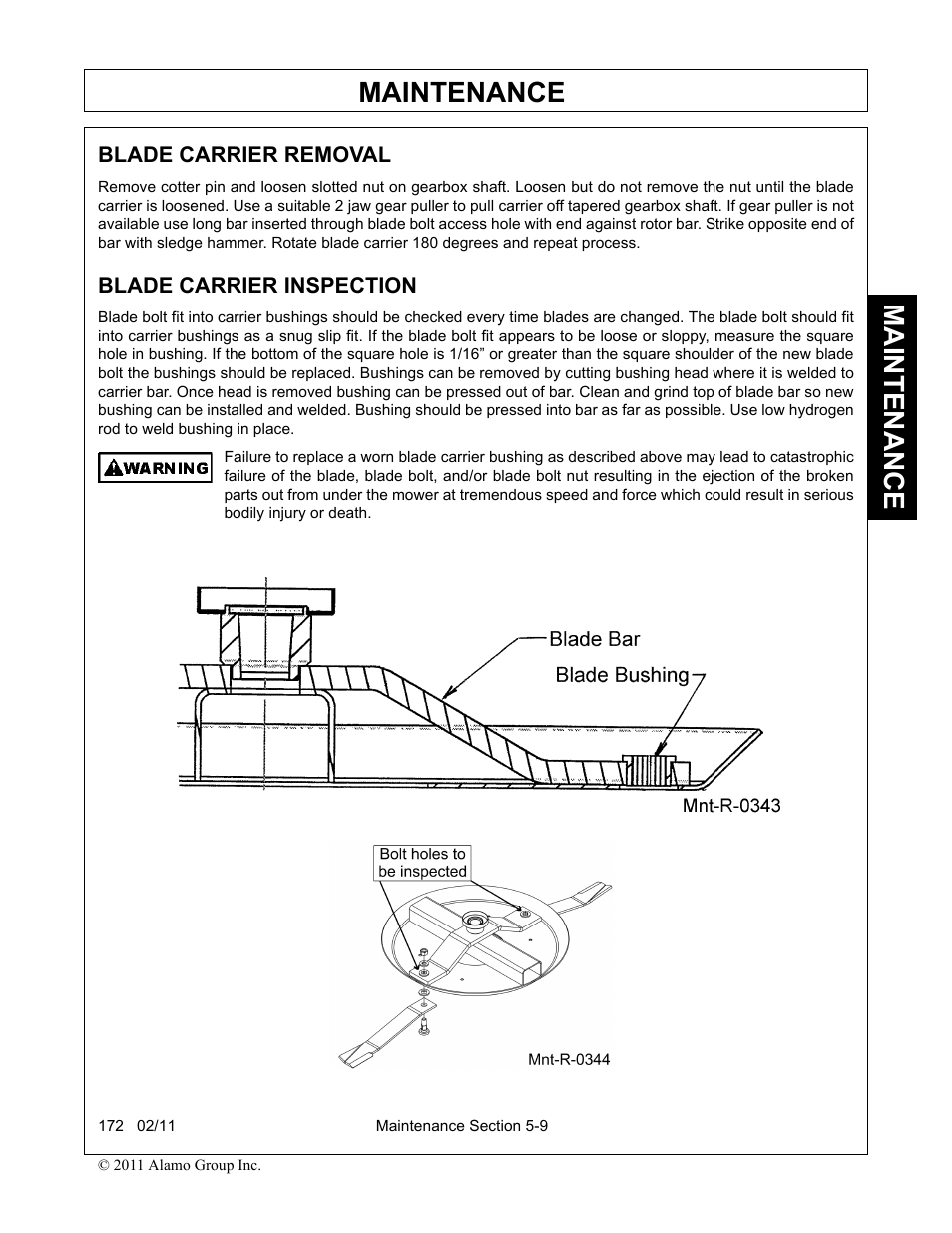 Blade carrier removal, Blade carrier inspection, Maintenance | Servis-Rhino 00781400C User Manual | Page 155 / 180