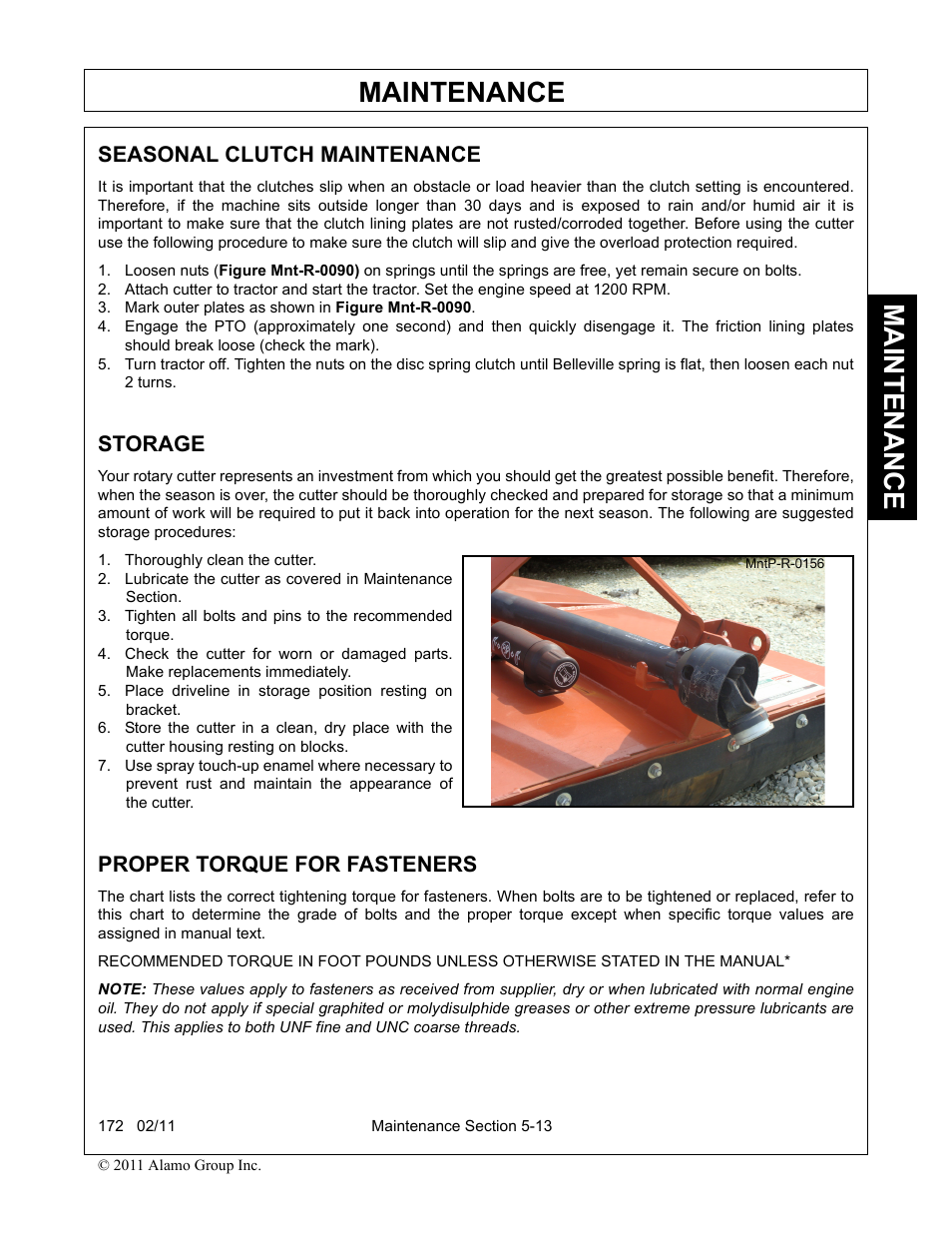 Seasonal clutch maintenance, Mark outer plates as shown in figure mnt-r-0090, Storage | Thoroughly clean the cutter, Proper torque for fasteners, Storage -13 proper torque for fasteners -13, Maintenance | Servis-Rhino 00781400C User Manual | Page 159 / 180