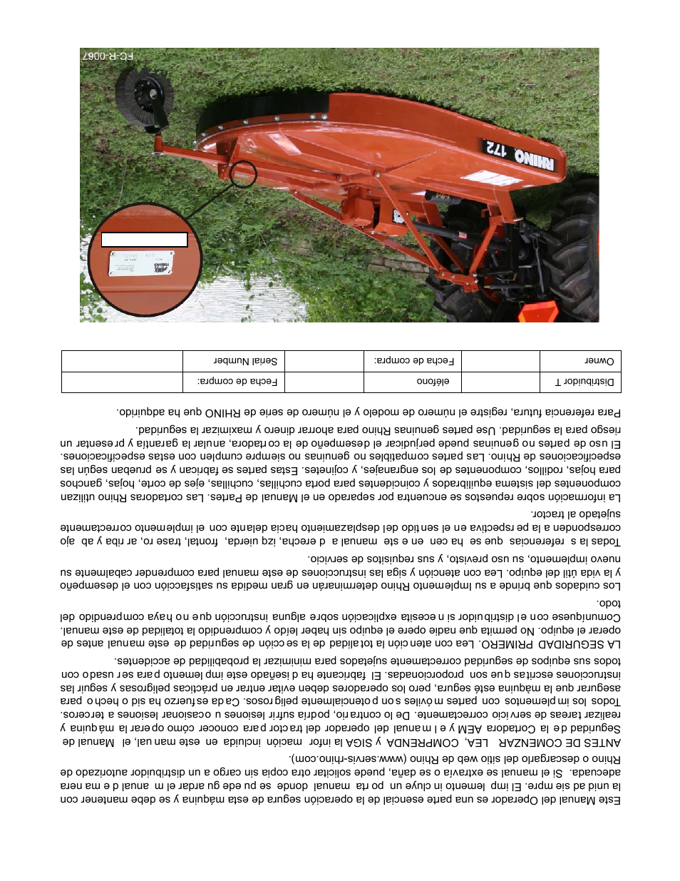 Al propieta rio/operador/distribuidor | Servis-Rhino 00781400C User Manual | Page 179 / 180