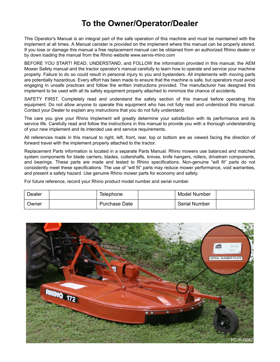 To the owner/operator/dealer | Servis-Rhino 00781400C User Manual | Page 2 / 180