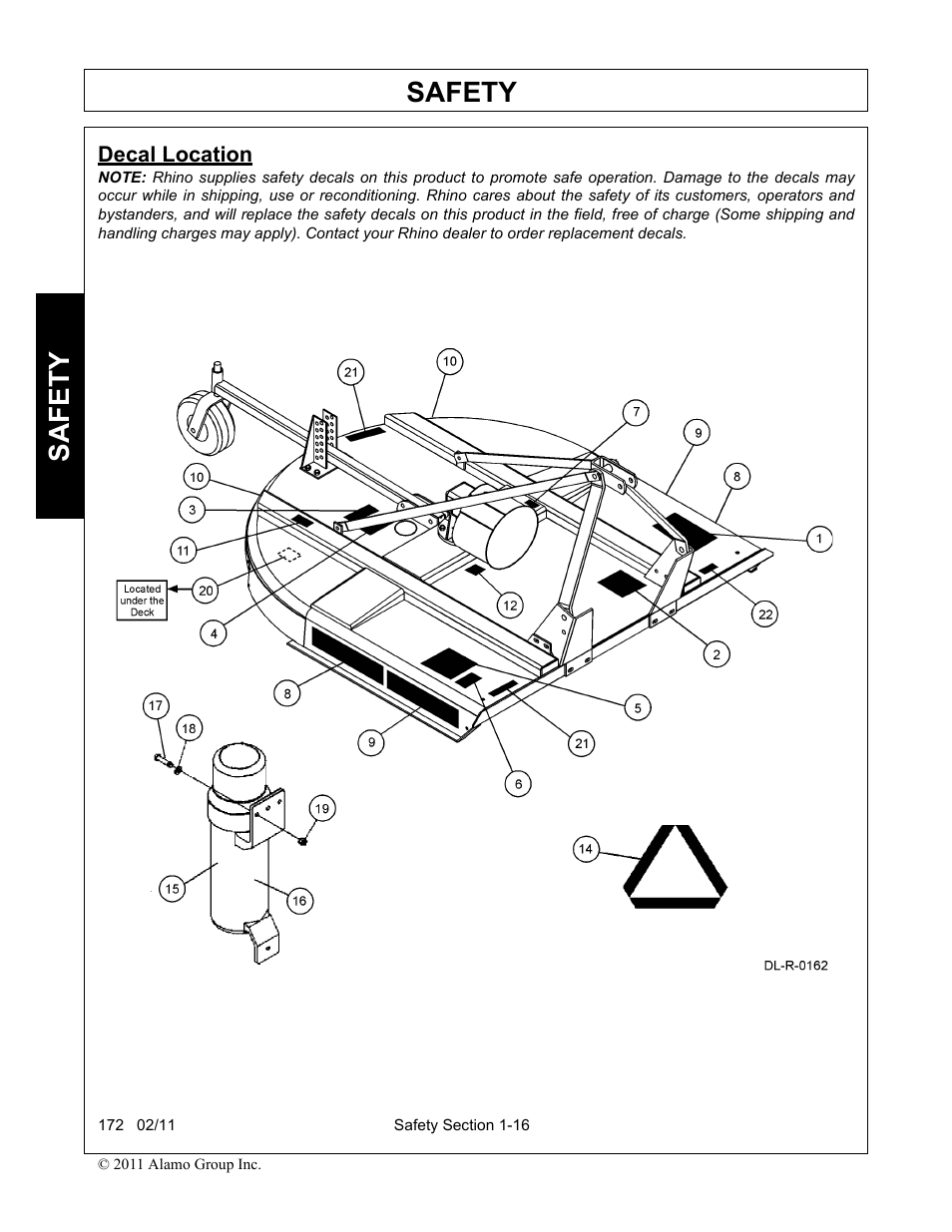 Decal location, Decal location -16, Safety | Servis-Rhino 00781400C User Manual | Page 26 / 180
