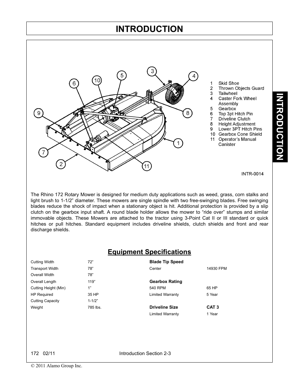 Equipment specifications, Equipment specifications -3, Introduction | Servis-Rhino 00781400C User Manual | Page 89 / 180