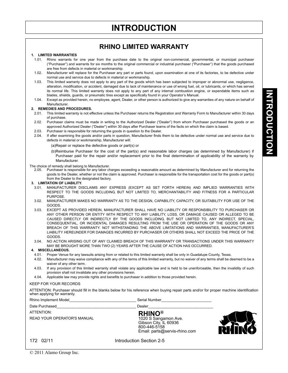 Rhino limited warranty, Limited warranties, Remedies and procedures | Limitation of liability, Miscellaneous, Rhino limited warranty -5, Introduction, Rhino | Servis-Rhino 00781400C User Manual | Page 91 / 180