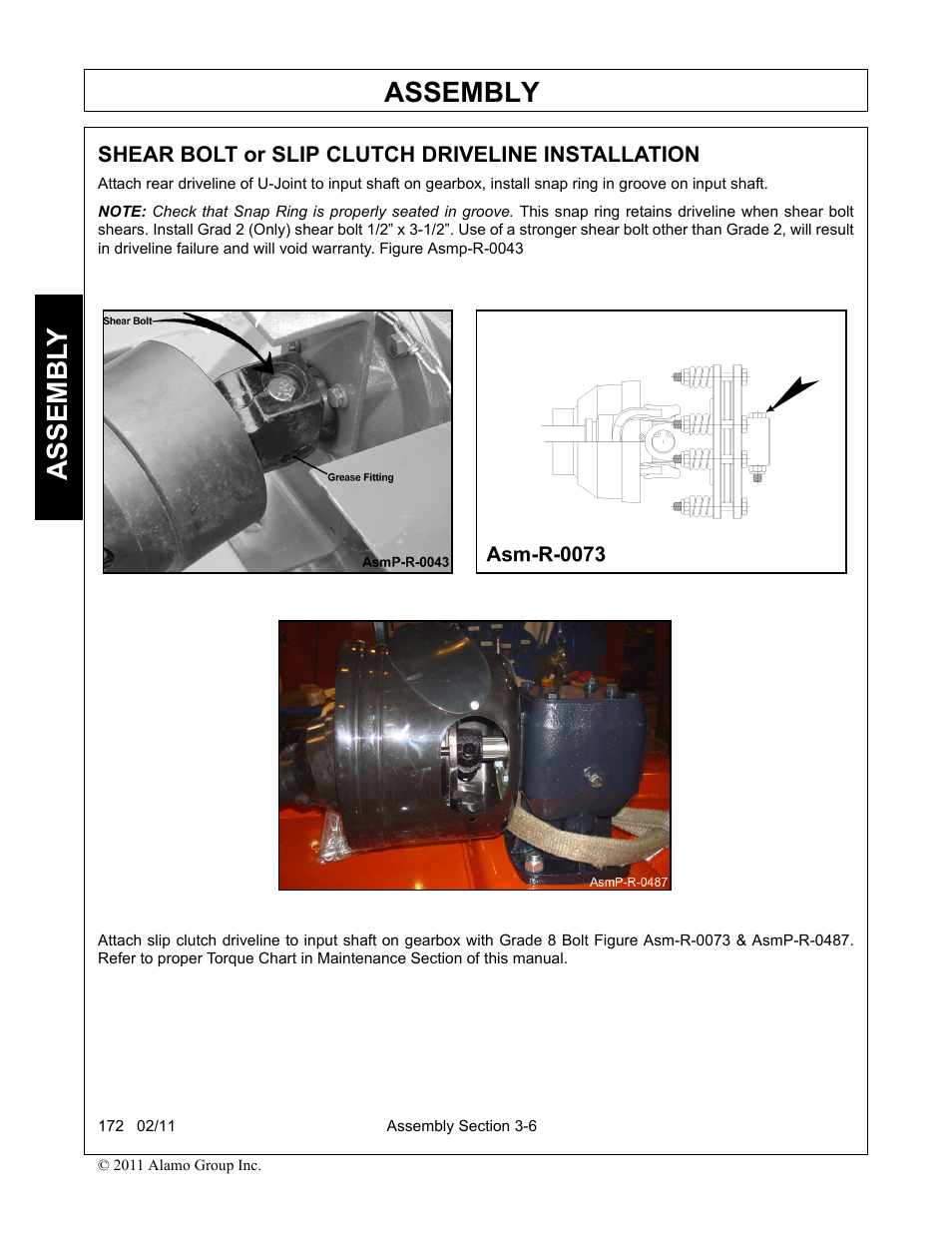 Shear bolt or slip clutch driveline installation, Assembly, Assembl y | Servis-Rhino 00781400C User Manual | Page 98 / 180