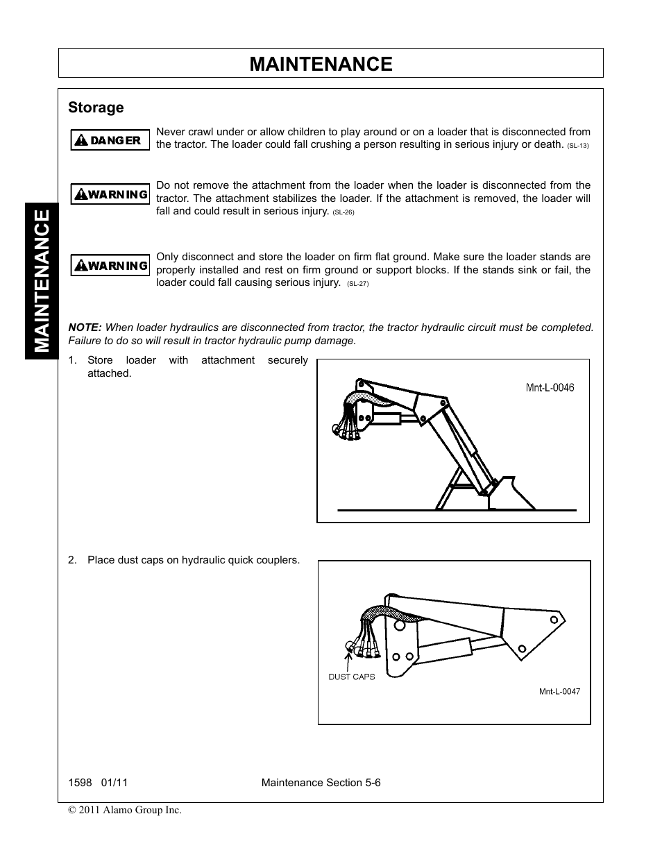 Storage, Store loader with attachment securely attached, Place dust caps on hydraulic quick couplers | Storage -6, Maintenance | Servis-Rhino 1598 User Manual | Page 100 / 108