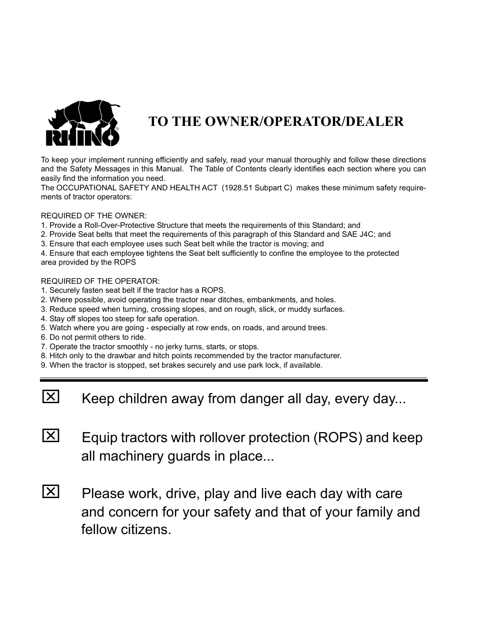 To the owner/operator/dealer | Servis-Rhino 1598 User Manual | Page 107 / 108