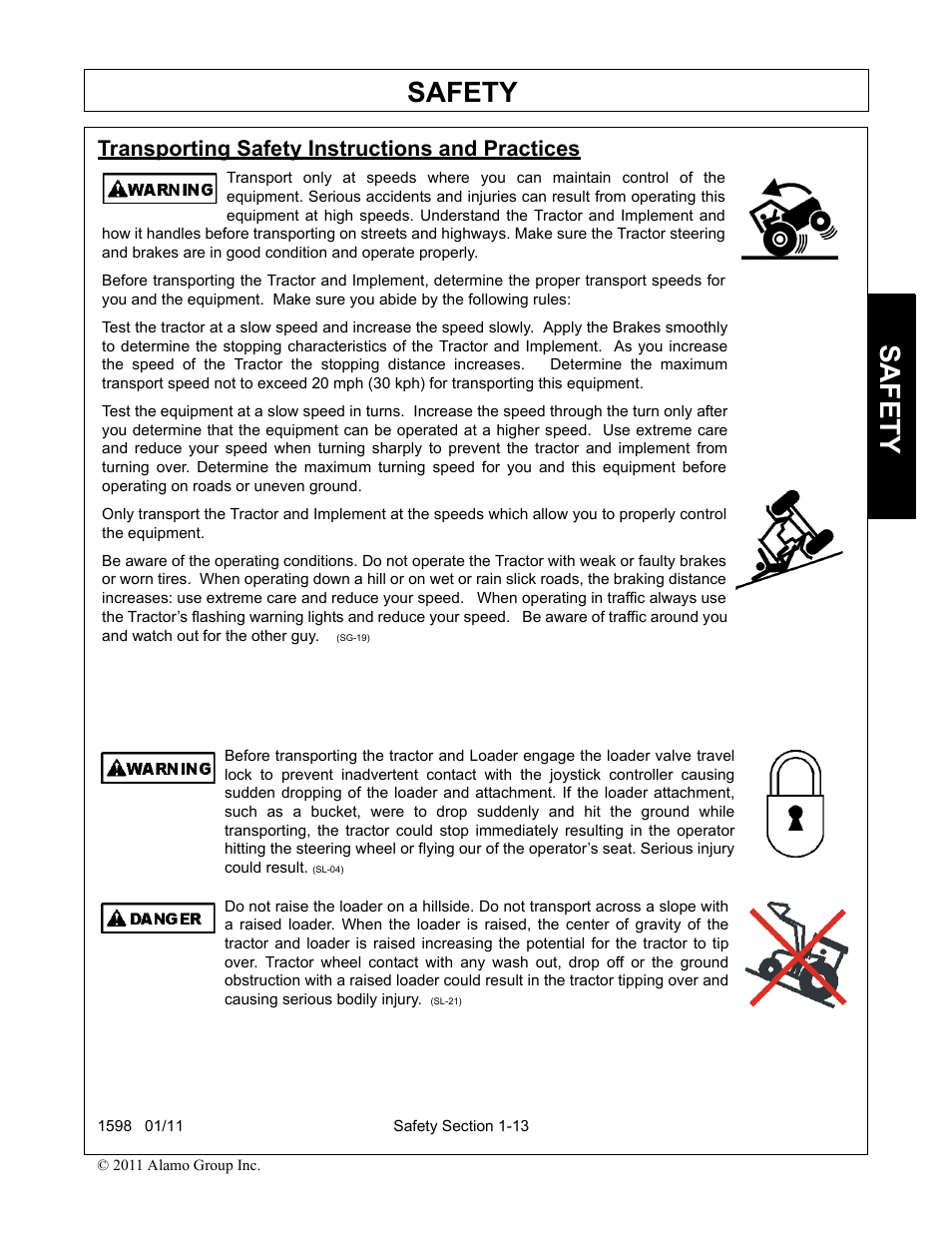 Transporting safety instructions and practices, Transporting safety instructions and practices -13, Safety | Servis-Rhino 1598 User Manual | Page 17 / 108