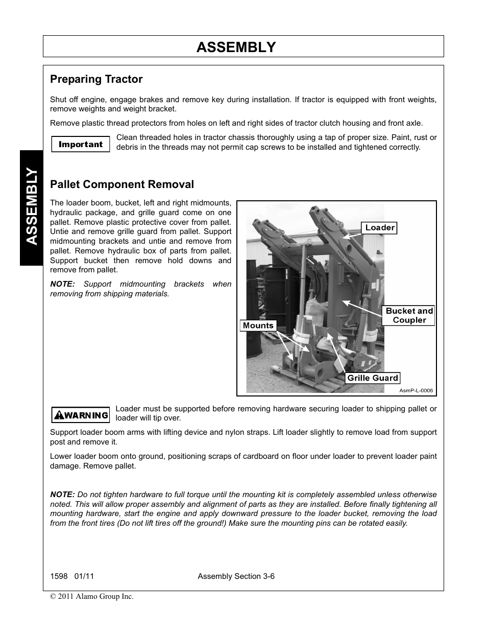 Preparing tractor, Pallet component removal, Preparing tractor -6 pallet component removal -6 | Assembly, Assembl y | Servis-Rhino 1598 User Manual | Page 40 / 108