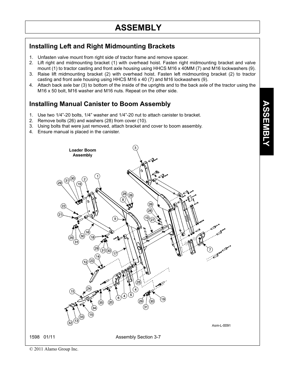 Installing left and right midmounting brackets, Installing manual canister to boom assembly, Remove bolts (26) and washers (28) from cover (10) | Ensure manual is placed in the canister, Assembly, Assembl y | Servis-Rhino 1598 User Manual | Page 41 / 108