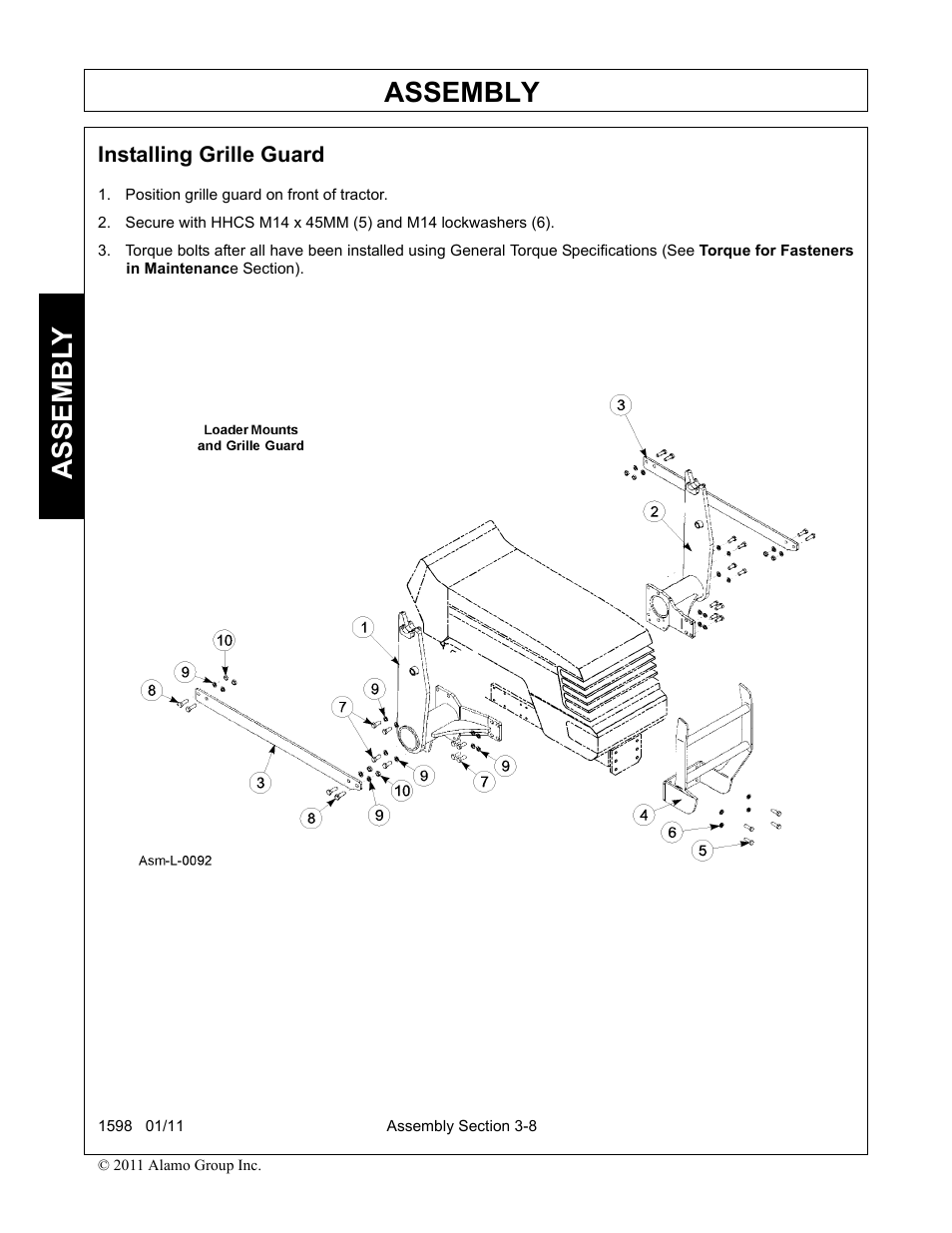 Installing grille guard, Position grille guard on front of tractor, Installing grille guard -8 | Assembly, Assembl y | Servis-Rhino 1598 User Manual | Page 42 / 108