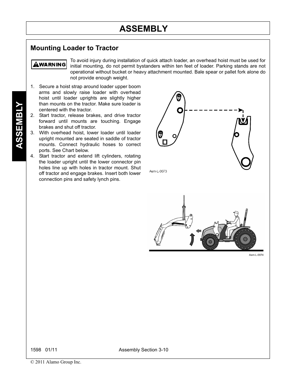 Mounting loader to tractor, Mounting loader to tractor -10, Assembly | Assembl y | Servis-Rhino 1598 User Manual | Page 44 / 108