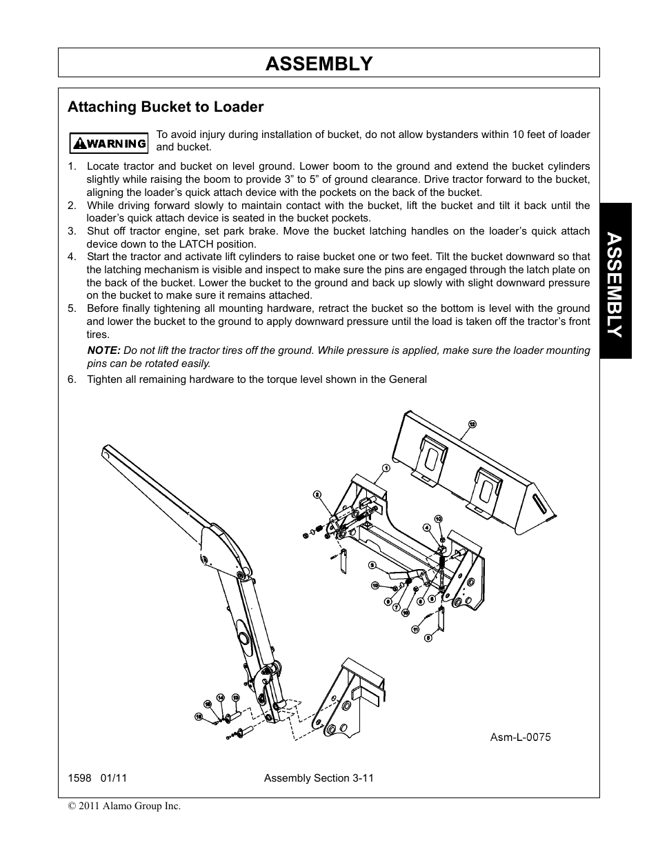 Attaching bucket to loader, Attaching bucket to loader -11, Assembly | Assembl y | Servis-Rhino 1598 User Manual | Page 45 / 108